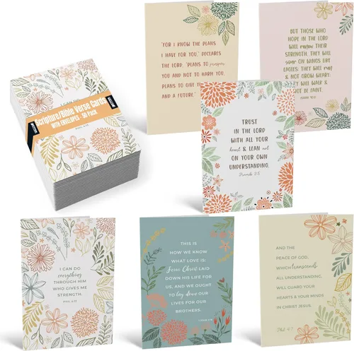 Better Office Products Paquete de 50 tarjetas de felicitación cristianas inspiradoras con sobres, 6 versículos de la Biblia, 6 diseños, 4 x 6