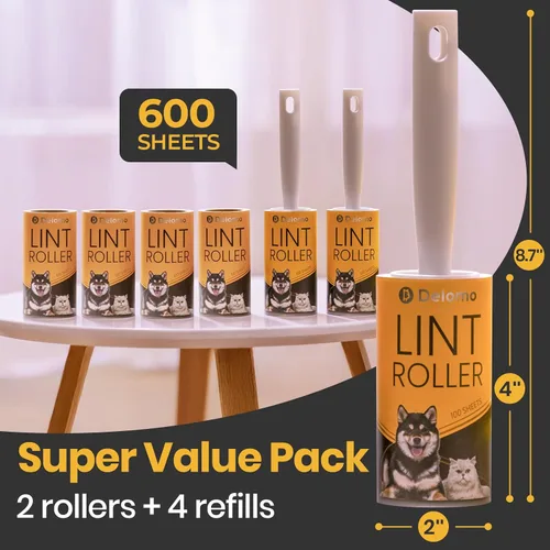 Miniatura 5 de DELOMO Rodillo de Pelusa Extra Pegajoso para Pelo de Mascotas, Paquete Mega de 600 Hojas (2 Rodillos + 4 Recargas), Removedor de Pelo de Mascotas