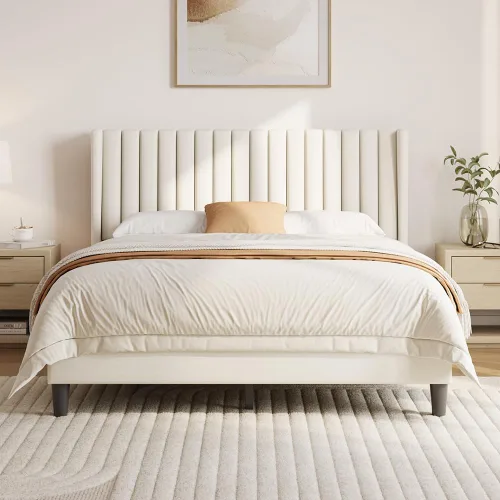 Miniatura 15 de Yaheetech - Base de cama tamaño Queen con plataforma tapizada con cabecero de tela, diseño de borde alado/Antideslizante y libre de ruido/Soporte