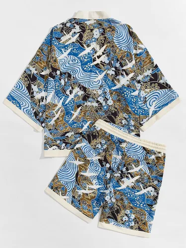 Miniatura 2 de Floerns Conjunto de 2 piezas con estampado de kimono para hombre con pantalones cortos con cordón
