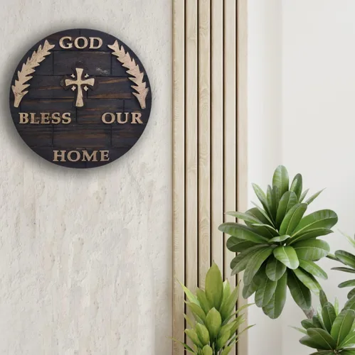 Miniatura 5 de Placa de madera para colgar en pared y hogar con diseño de Dios bendiga nuestro hogar, decoración y regalo