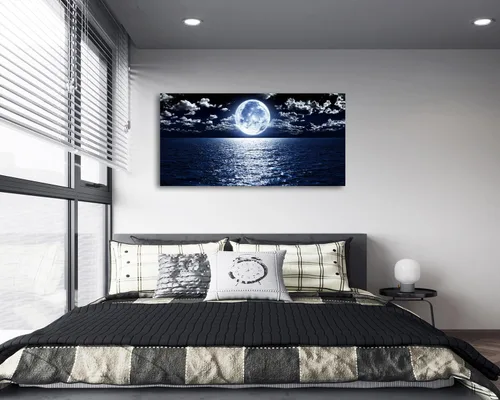 Miniatura 2 de Cao Gen Decor Art S06950 - Lienzo decorativo para pared, diseño de luna, mar, océano, paisaje, 1 panel, luna llena en nube, cuadros estirados