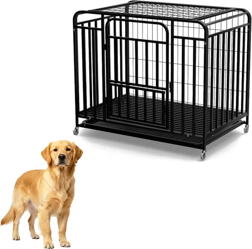 48 Inch Dog Kennel with Wheels, High Anxiety Steel Indoor Dog Cage with Removable Tray, Indestructible Escape Proof Heavy Duty Dog Crate Extra Large