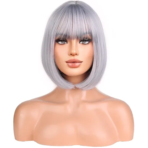 Miniatura 17 de Pelucas negras para mujeres y niñas, peluca corta y recta negra con flequillo, pelucas sintéticas resistentes al calor, para fiestas de disfraces