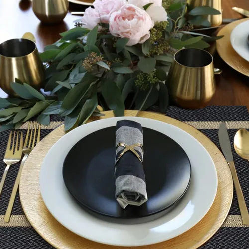 Miniatura 4 de FAVE Juego de 12 manteles individuales negros tejidos con hilo dorado de vinilo para bodas, banquetes, cumpleaños, fiestas, restaurantes