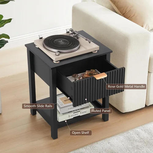 Miniatura 4 de Mesita de noche moderna de mediados de siglo con cajón, mesita de noche negra para dormitorio, mesa auxiliar pequeña con almacenamiento, mesa