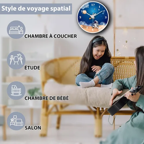 Miniatura 7 de QINFIEY Reloj de pared para niños con movimiento silencioso de 12 pulgadas, reloj de pared redondo que no hace tictac, funciona con pilas