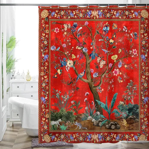 HMS Happy Memories Cortina de Baño Bohemia de Flores Coloridas con Estampado Floral Boho Hermosa y Brillante de Poliéster para Decoración de Baño,