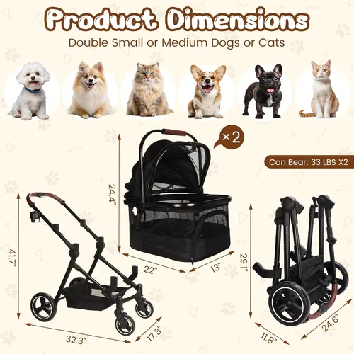 Miniatura 5 de Carriola doble plegable para mascotas para 2 gatos y perros pequeños y medianos, carriola integrada ligera para mascotas, individual y doble