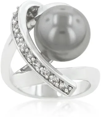 Miniatura 3 de Kate Bissett Genuine Rhodium Plated Ring Knotted with a Dark Grey Simulated Pearl Bordered by Round Cut Cubic Zirconia