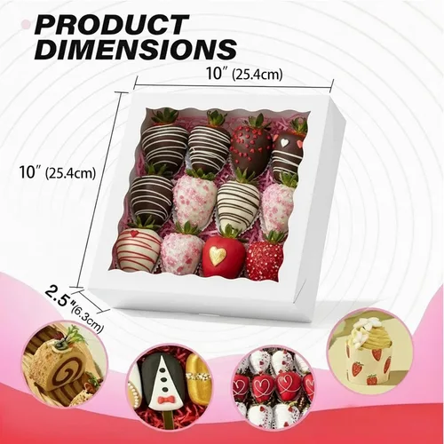 Miniatura 4 de RomanticBaking 24 piezas cajas blancas para pasteles de 10 x 10 x 2.5 pulgadas con ventana - Perfectas para galletas, fresas cubiertas de chocolate