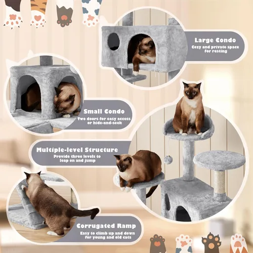 Miniatura 4 de Yaheetech - Torre de árbol para gatos de 54 pulgadas, con postes para arañar, condominios dobles y bolas colgantes, para gatitos, casa