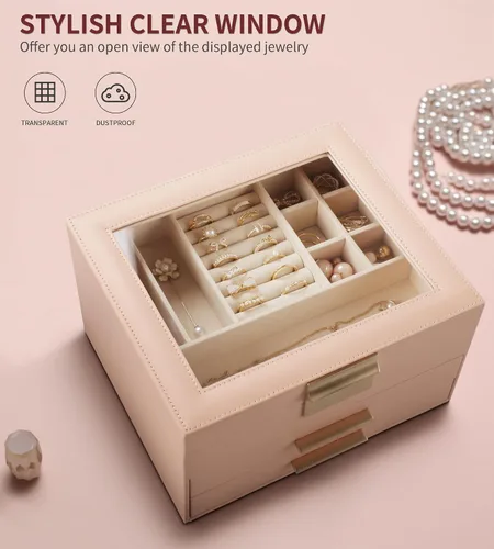 Miniatura 5 de Joyero con parte superior transparente, organizador grande de 3 capas para mujeres, aretes, anillos, collares, organizador de almacenamiento