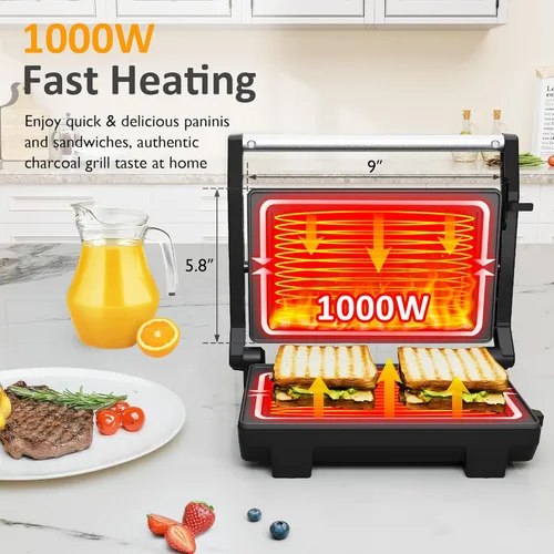 Miniatura 3 de Sunvivi Sandwichera Panini Press: Parrilla eléctrica de prensa Panini con tapa de bloqueo, fabricante de panini portátil para interiores con placas