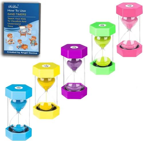 Miniatura 12 de SuLiao Temporizadores de arena 1m/2m/3m/5m/10 minutos, temporizador de arena de reloj de arena de plástico para niños, reloj de arena grande