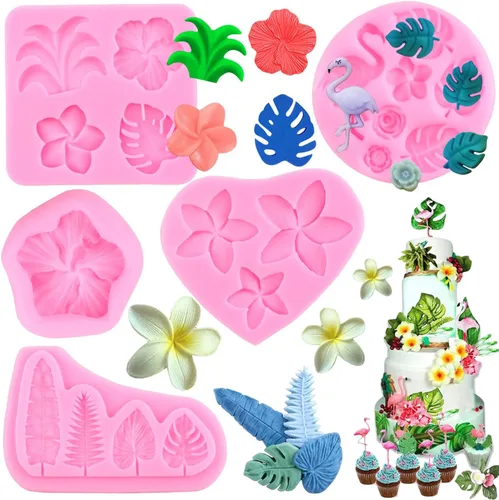 Miniatura 8 de Molde de silicona de flamenco de hojas tropicales, hibisco, plumeria, flores, hojas de Monstera, moldes para fondant, árbol de coco hawaiano, moldes