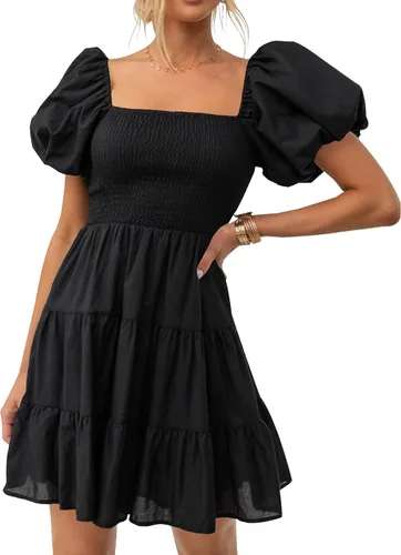 ZESICA Mini vestido corto de verano bohemio 2025 con cuello cuadrado, manga abombada, hombros descubiertos, fruncido, escalonado, casual,