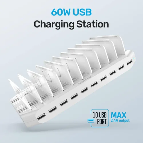 Miniatura 2 de Unitek Estación de carga múltiple, cargador USB de 10 puertos para múltiples dispositivos con tecnología SmartIC y divisores ajustables, soporte
