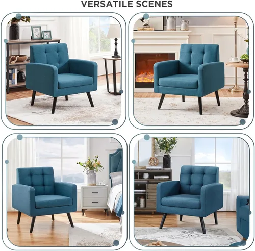 Miniatura 7 de Yaheetech Sillas de acento de mediados del siglo, silla moderna tapizada para sala de estar, sillón acogedor con respaldo abotonado y patas de Azul