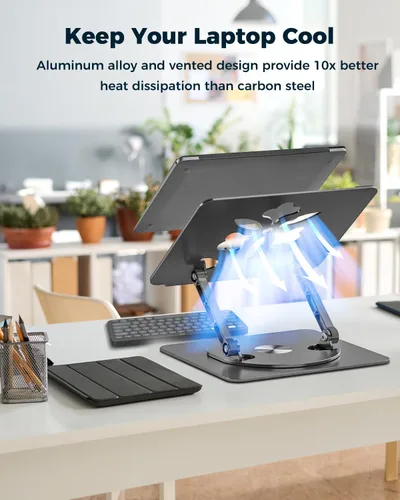 Miniatura 5 de Soporte ajustable para laptop de escritorio - Elevador portátil para laptop con base giratoria, soporte plegable de aluminio para computadora, Negro