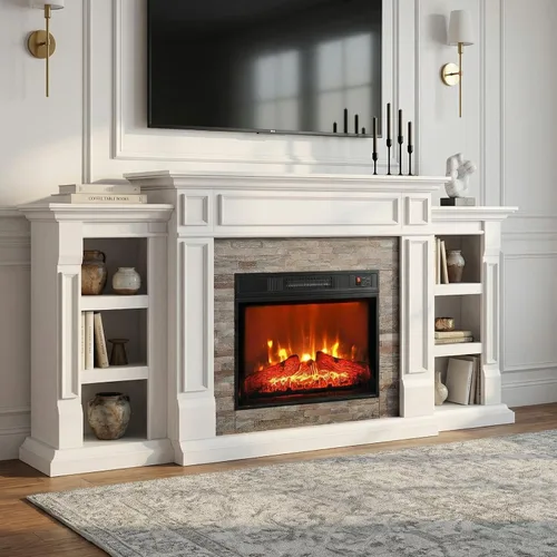 Miniatura 3 de Chimenea eléctrica de 72 pulgadas con repisa, soporte de TV para televisores de hasta 80 pulgadas, moderno centro de entretenimiento con Blanco