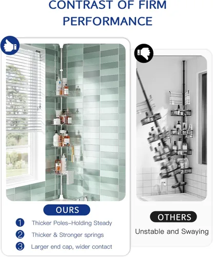 Miniatura 2 de SEIRIONE Organizador de Ducha y Esquinero a Prueba de Óxido para Baño, Poste de Tensión con 4 Cestas Ajustables para Accesorios de Ducha, 34 a 116