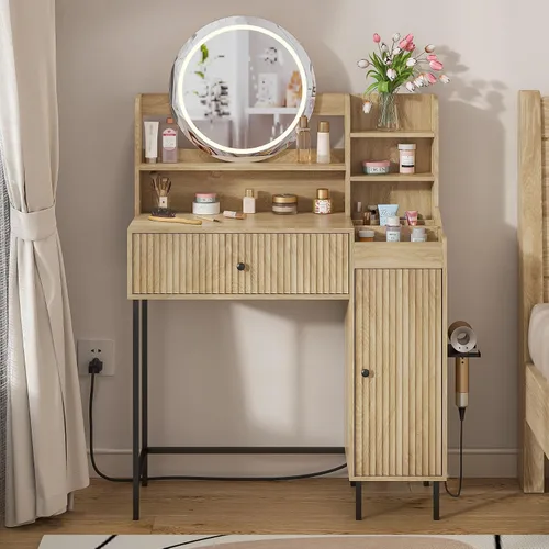 Miniatura 2 de Jluomei Escritorio de maquillaje estriado con espejo y luces, tocador de maquillaje moderno con cajón de almacenamiento, mesa de maquillaje LED
