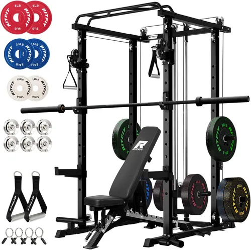 Miniatura 13 de RitFit El paquete multifunción de garaje y gimnasio en casa incluye jaula de potencia de 1200 libras PPC03/P3 con sistema de cruce de cables, banco