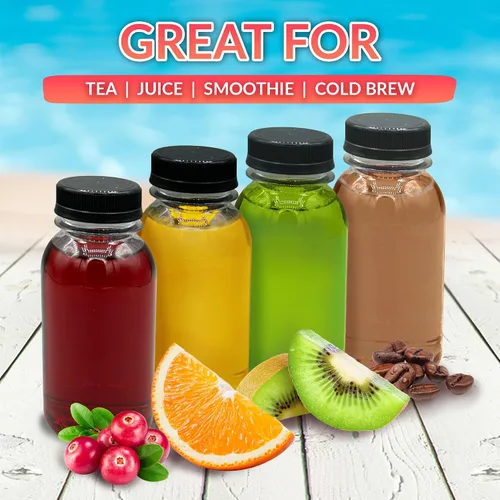 Miniatura 6 de Reli. Botellas de plástico para jugos [42 unidades a granel] [8 onzas], botellas redondas de plástico para jugo con tapas y etiquetas adhesivas