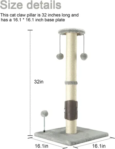 Miniatura 4 de PEEKAB Poste rascador para gatos de 32 pulgadas de alto, postes de sisal con bola colgante y cepillo de auto-masaje, rascador vertical para gatos