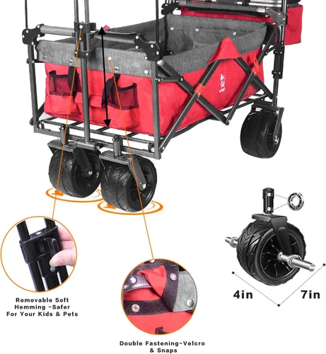 Miniatura 4 de Carro plegable con toldo extraíble y bolsa enfriadora, carrito plegable resistente con ruedas todo terreno de 4 pulgadas para campamento, playa, Rojo