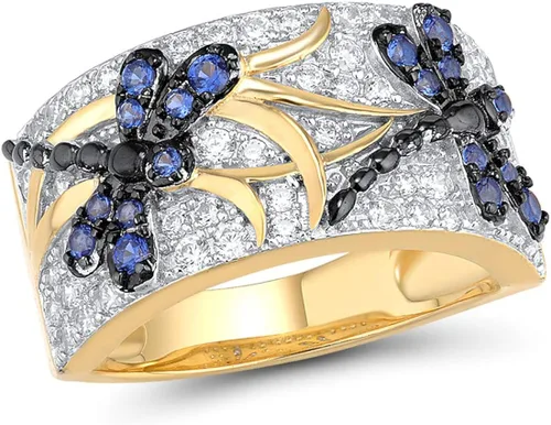 Santuzza Anillo de libélula chapado en oro de 14 quilates, circonita cúbica, anillo de mariposa de plata de ley 925, Metal Piedra preciosa Metal,