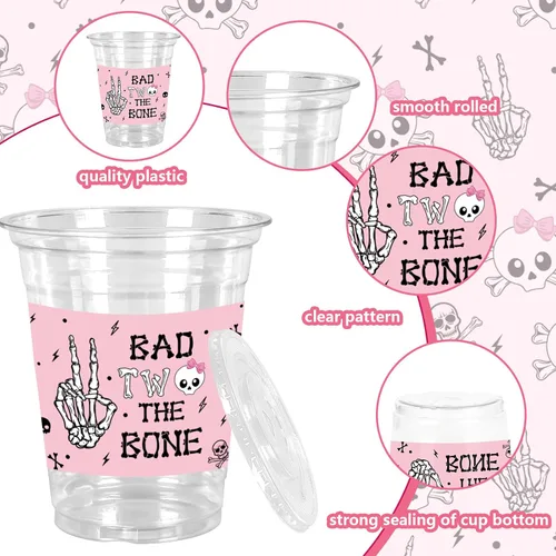 Miniatura 3 de JarThenaAMCS 50 Vasos de Plástico de Halloween con Tapas y Pajitas Vaso para Beber 12oz Rosa Negro Calavera Bad Two The Bone Vasos Desechables