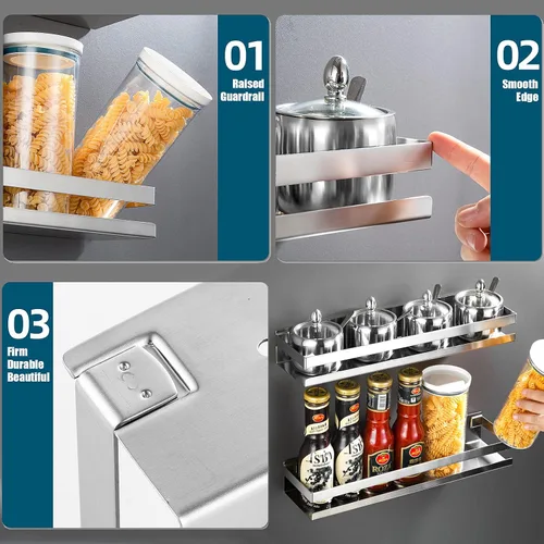 Miniatura 5 de CONRUSER Estante de especias montado en la pared, organizador de cocina de acero inoxidable, estante de almacenamiento colgante, estante