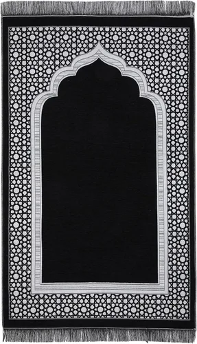 Alfombra de oración islámica elegante con patrón de mezquita fina, manta portátil musulmana Ramadán Eid, alfombra de regalo turca, color negro, 1