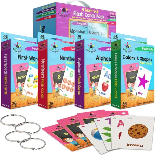 Star Right Juego de 4 tarjetas flash – Números, alfabetos, primeras palabras, colores y formas – Paquete económico de tarjetas flash con anillos