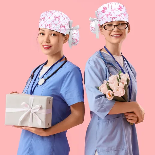 Miniatura 4 de HooLing 6 unidades de gorras para médico y enfermera, ajustable, con botones, con banda para el sudor y lazo