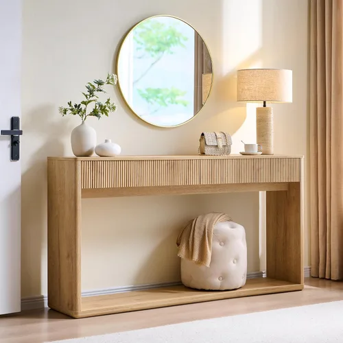 Miniatura 11 de OKD Mesa consola acanalada de 63 pulgadas para entrada, mesa de entrada moderna con 2 cajones grandes, mesa de sofá larga detrás del sofá para sala