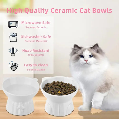 Miniatura 6 de Paquete de 2 cuencos elevados para gatos, platos elevados de cerámica para alimentos y agua para gatos, diseño extra ancho y poco profundo, Blanco