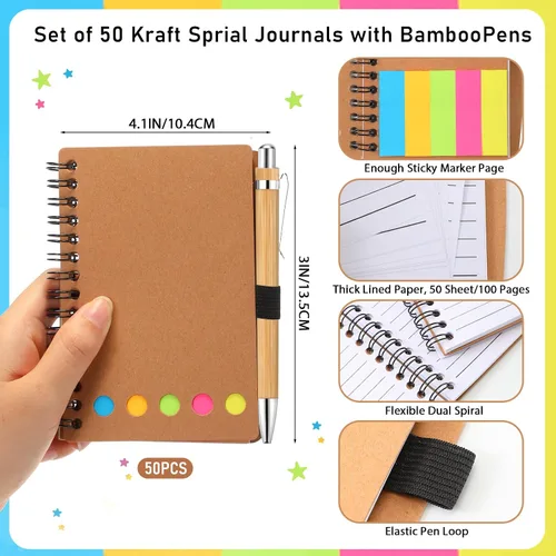 Miniatura 2 de Chuangdi 50 juegos de cuadernos en espiral forrados con notas adhesivas y bolígrafos de bambú, suministros de regreso a clases para personal