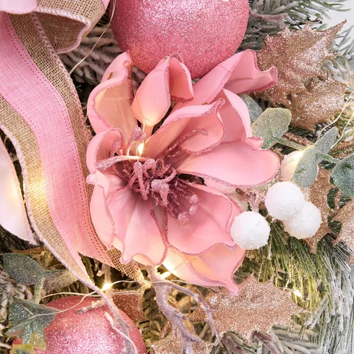 Miniatura 7 de Guirnalda de Navidad rosa de 6 pies para puerta delantera con 30 luces LED con temporizador, guirnalda festiva iluminada para vacaciones con copo