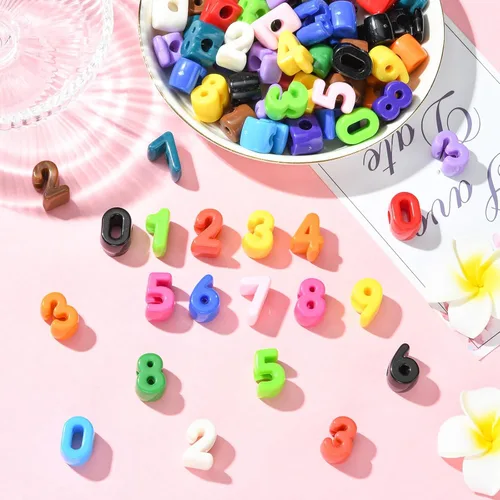 Miniatura 6 de DanLingJewelry 200 pulseras acrílicas de números aleatorios del 0 al 9 con agujero grande, cuentas coloridas de números 3D para hacer joyas