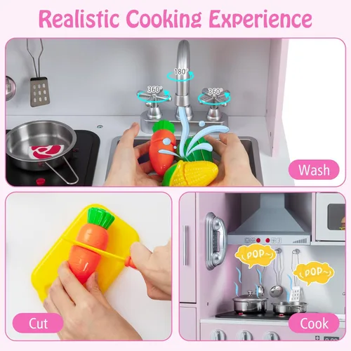 Miniatura 3 de HONEY JOY Juego de cocina para niños, cocina de madera para niños pequeños, microondas, utensilios de cocina, lavadora, campana extractora, juego