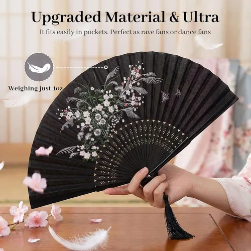 Miniatura 3 de JOHOUSE Abanico de mano plegable de tela negra con borla y funda – Elegante abanico plegable de mano para mujeres, abanicos de boda para invitados