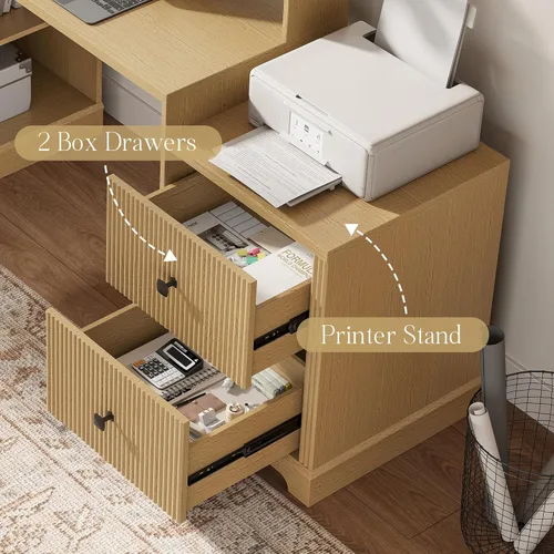 Miniatura 7 de 67" L Shaped Executive Desk with Drawers & Storage Shelf, Corner Computer Desk with Power Outlets, Home Office Desk with Monitor Stand, Printer