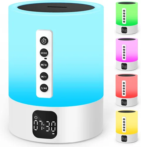 Alarma de luz nocturna con altavoz Bluetooth, máquina de sonido con ruido blanco, lámpara de mesita táctil, luz blanca cálida regulable, 48 colores