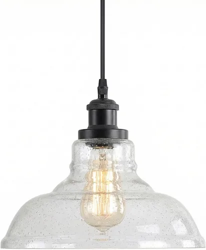 GLADFRESIT Luces colgantes industriales, luz colgante vintage sobre mesa, pantalla de cristal de cúpula de burbuja negra, cabezal y base de lámpara