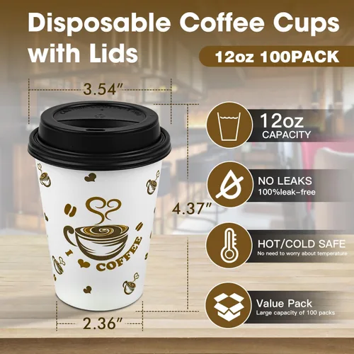 Miniatura 3 de Ginkgo Tazas de café desechables con tapas, 12 onzas, paquete de 100 unidades, taza de café de papel para llevar para coco caliente, chocolate