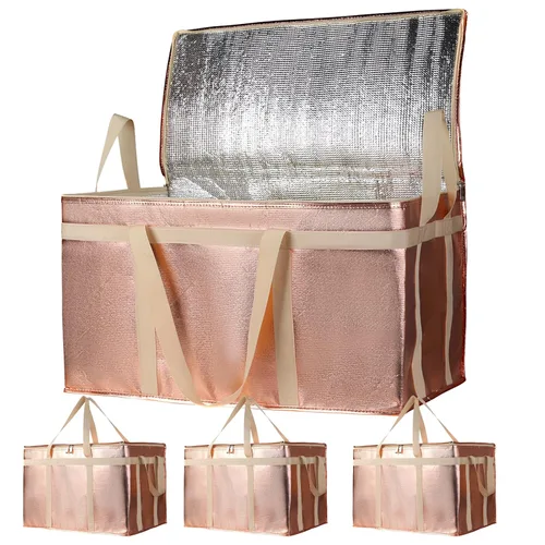 Miniatura 14 de Bolsa térmica, suave y aislada, bolsa de alimentos plegable para entrega de alimentos, portátil, color negro, paquete de 4, tamaño L