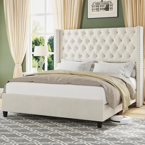 Jocisland Base de cama tamaño Queen con cabecera de terciopelo acolchado con respaldo alado de 51.6" pulgadas, cama de plataforma tapizada moderna,